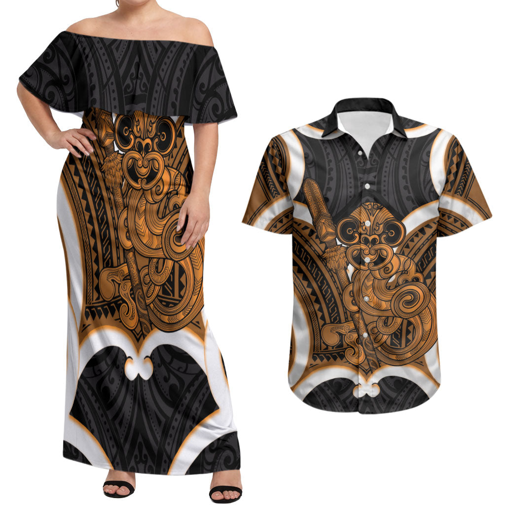 Karaka Aotearoa Atua Tumatauenga Personalised Couples Matching Off Shoulder Maxi Dress and Hawaiian Shirt Maori God Of War Tiki With Taiaha