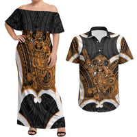 Karaka Aotearoa Atua Tumatauenga Personalised Couples Matching Off Shoulder Maxi Dress and Hawaiian Shirt Maori God Of War Tiki With Taiaha