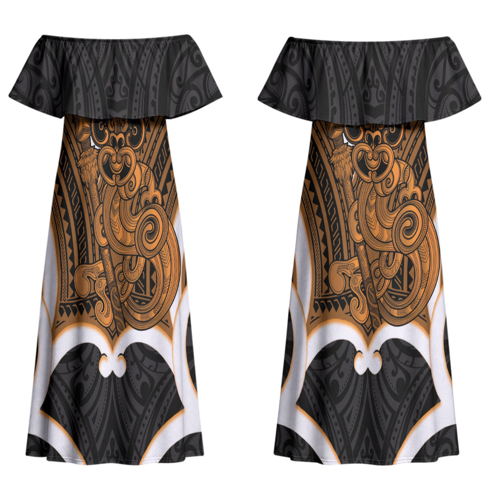Karaka Aotearoa Atua Tumatauenga Personalised Couples Matching Off Shoulder Maxi Dress and Hawaiian Shirt Maori God Of War Tiki With Taiaha