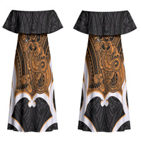 Karaka Aotearoa Atua Tumatauenga Personalised Couples Matching Off Shoulder Maxi Dress and Hawaiian Shirt Maori God Of War Tiki With Taiaha
