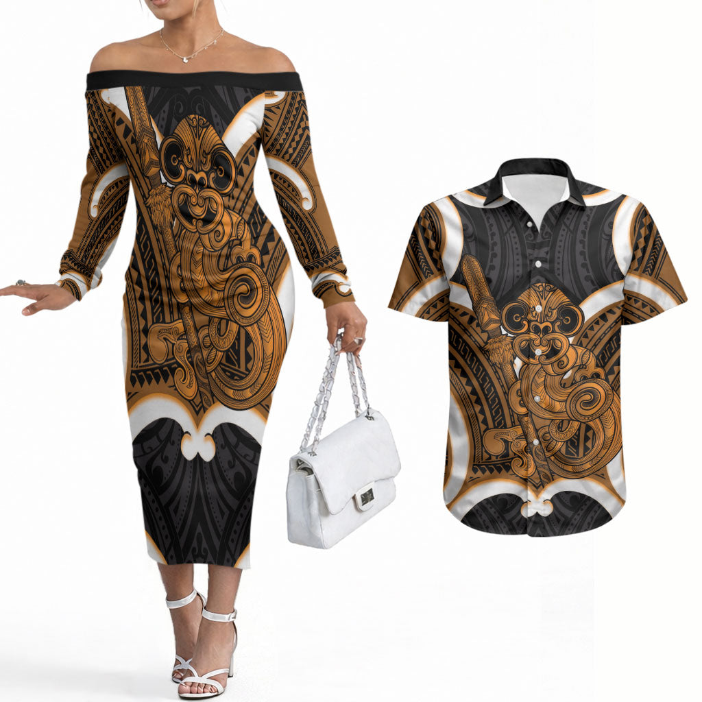 Karaka Aotearoa Atua Tumatauenga Personalised Couples Matching Off The Shoulder Long Sleeve Dress and Hawaiian Shirt Maori God Of War Tiki With Taiaha