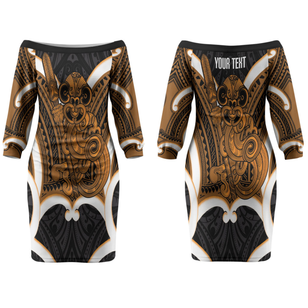 Karaka Aotearoa Atua Tumatauenga Personalised Couples Matching Off The Shoulder Long Sleeve Dress and Hawaiian Shirt Maori God Of War Tiki With Taiaha