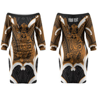 Karaka Aotearoa Atua Tumatauenga Personalised Couples Matching Off The Shoulder Long Sleeve Dress and Hawaiian Shirt Maori God Of War Tiki With Taiaha