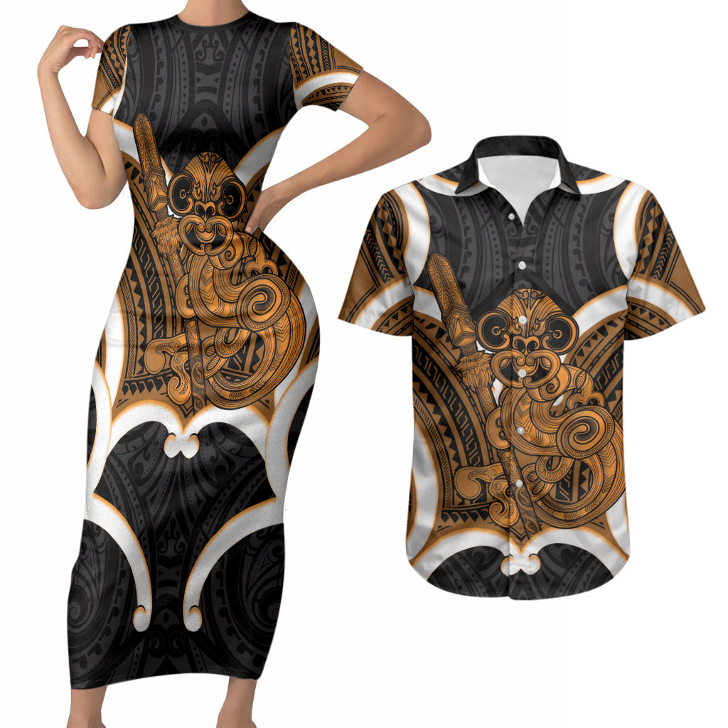 Karaka Aotearoa Atua Tumatauenga Personalised Couples Matching Short Sleeve Bodycon Dress and Hawaiian Shirt Maori God Of War Tiki With Taiaha LT14 Orange - Polynesian Pride