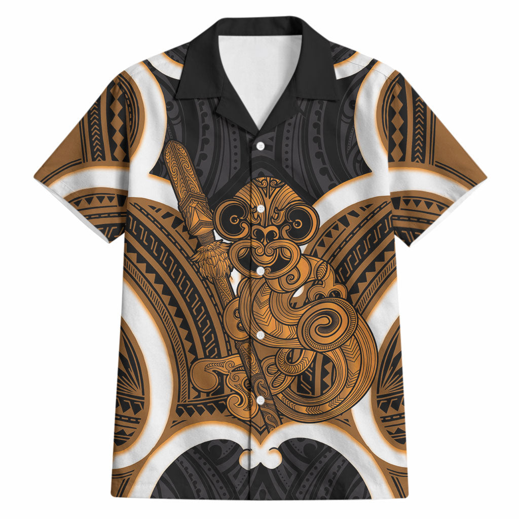 Karaka Aotearoa Atua Tumatauenga Personalised Hawaiian Shirt Maori God Of War Tiki With Taiaha LT14 Orange - Polynesian Pride