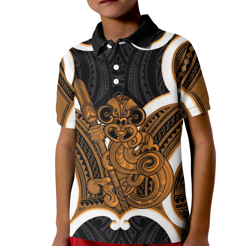 Karaka Aotearoa Atua Tumatauenga Personalised Kid Polo Shirt Maori God Of War Tiki With Taiaha LT14 Kid Orange - Polynesian Pride