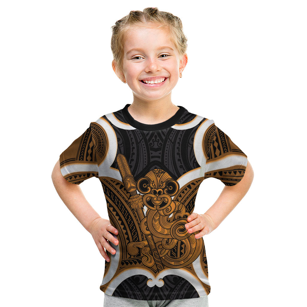 Karaka Aotearoa Atua Tumatauenga Personalised Kid T Shirt Maori God Of War Tiki With Taiaha