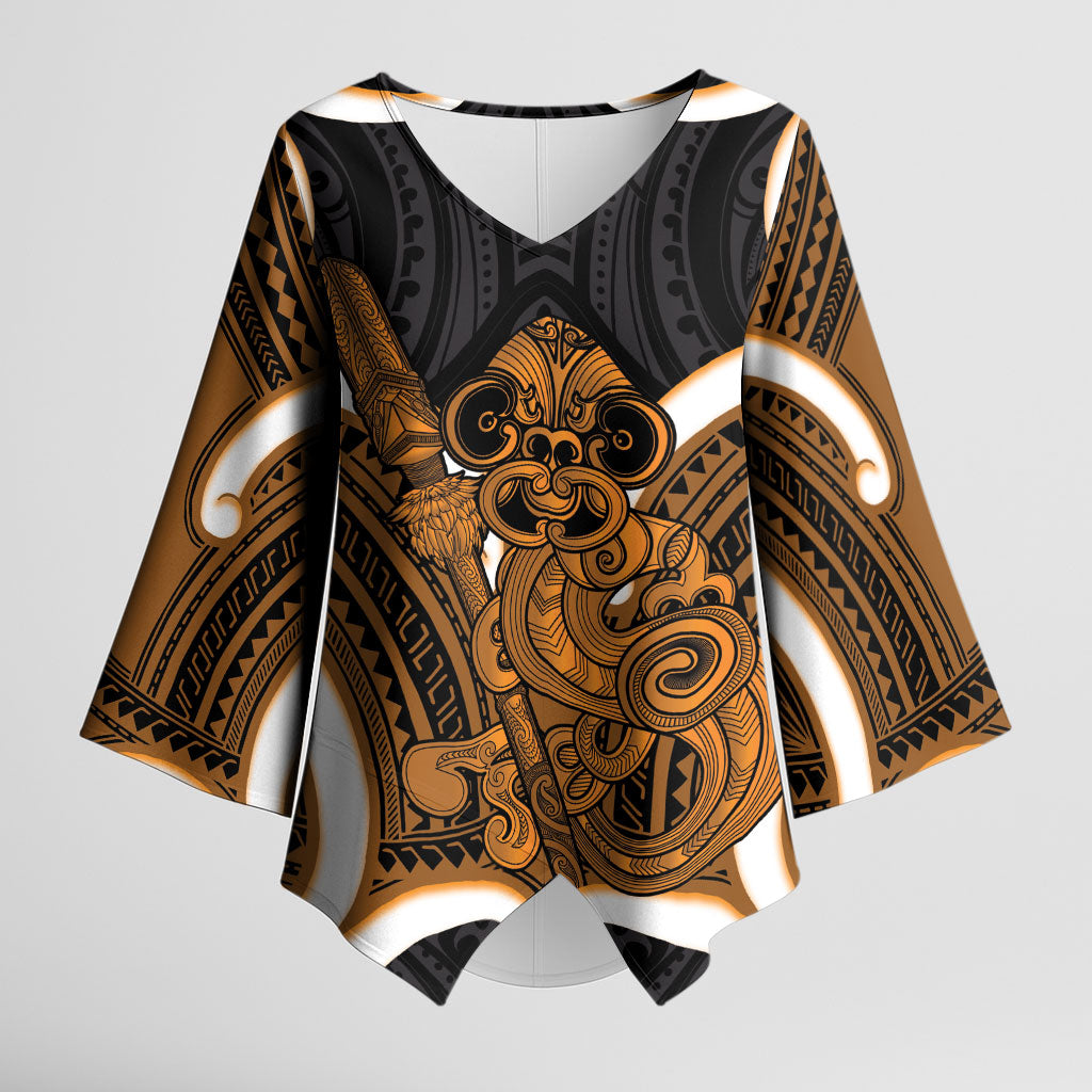 Karaka Aotearoa Atua Tumatauenga Personalised Kimono Sleeve Blouse Maori God Of War Tiki With Taiaha LT14 Female Orange - Polynesian Pride