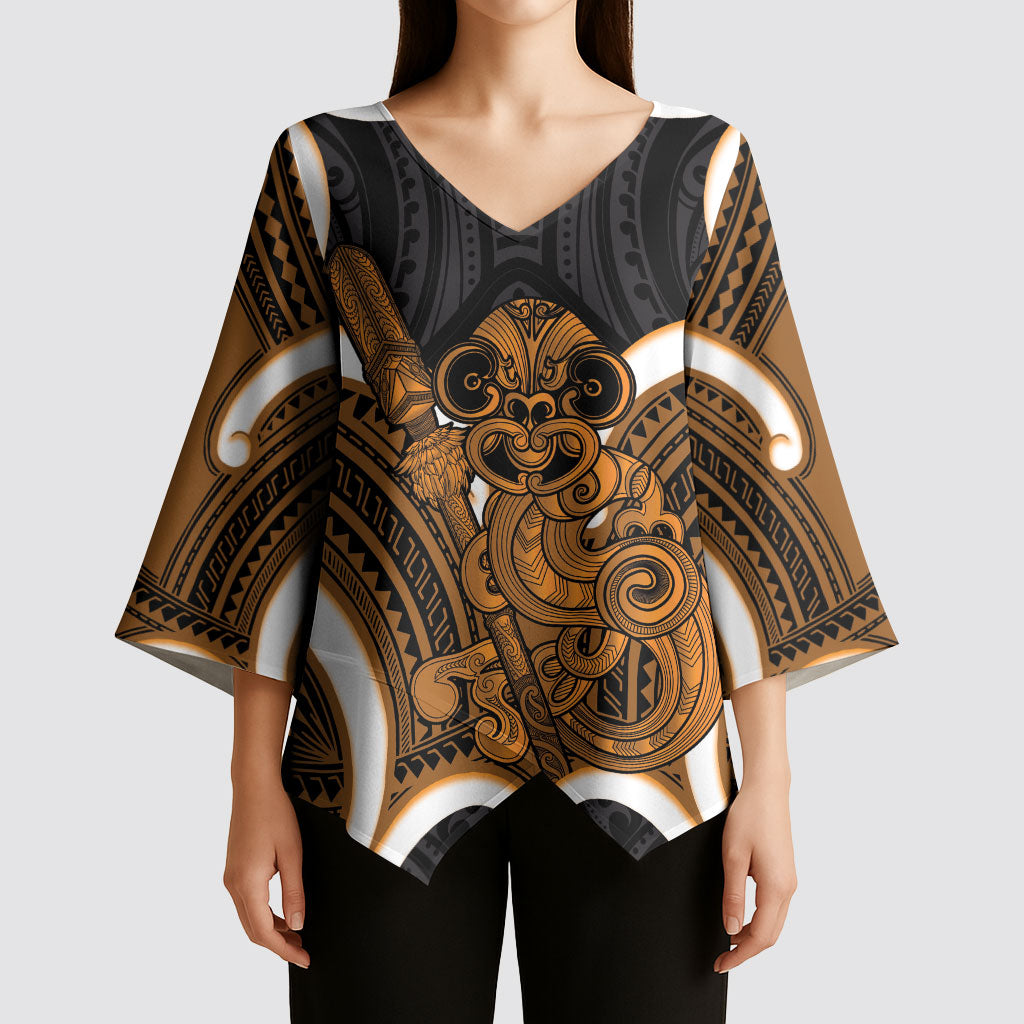 Karaka Aotearoa Atua Tumatauenga Personalised Kimono Sleeve Blouse Maori God Of War Tiki With Taiaha LT14 - Polynesian Pride