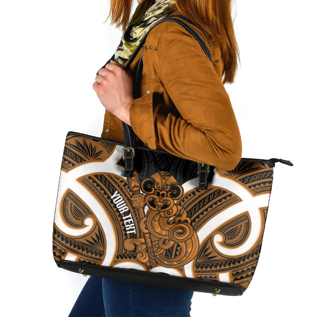 Karaka Aotearoa Atua Tumatauenga Personalised Leather Tote Bag Maori God Of War Tiki With Taiaha LT14 Orange - Polynesian Pride