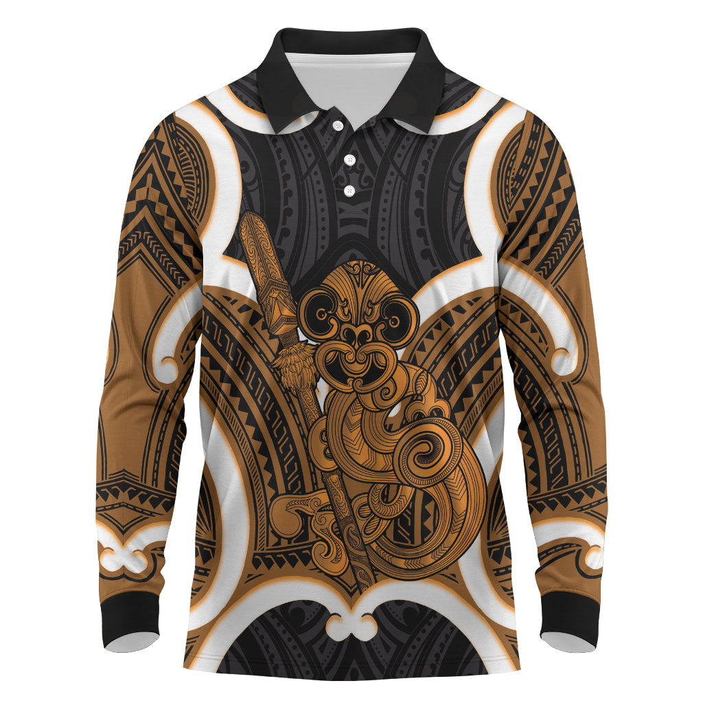 Karaka Aotearoa Atua Tumatauenga Personalised Long Sleeve Polo Shirt Maori God Of War Tiki With Taiaha LT14 Orange - Polynesian Pride