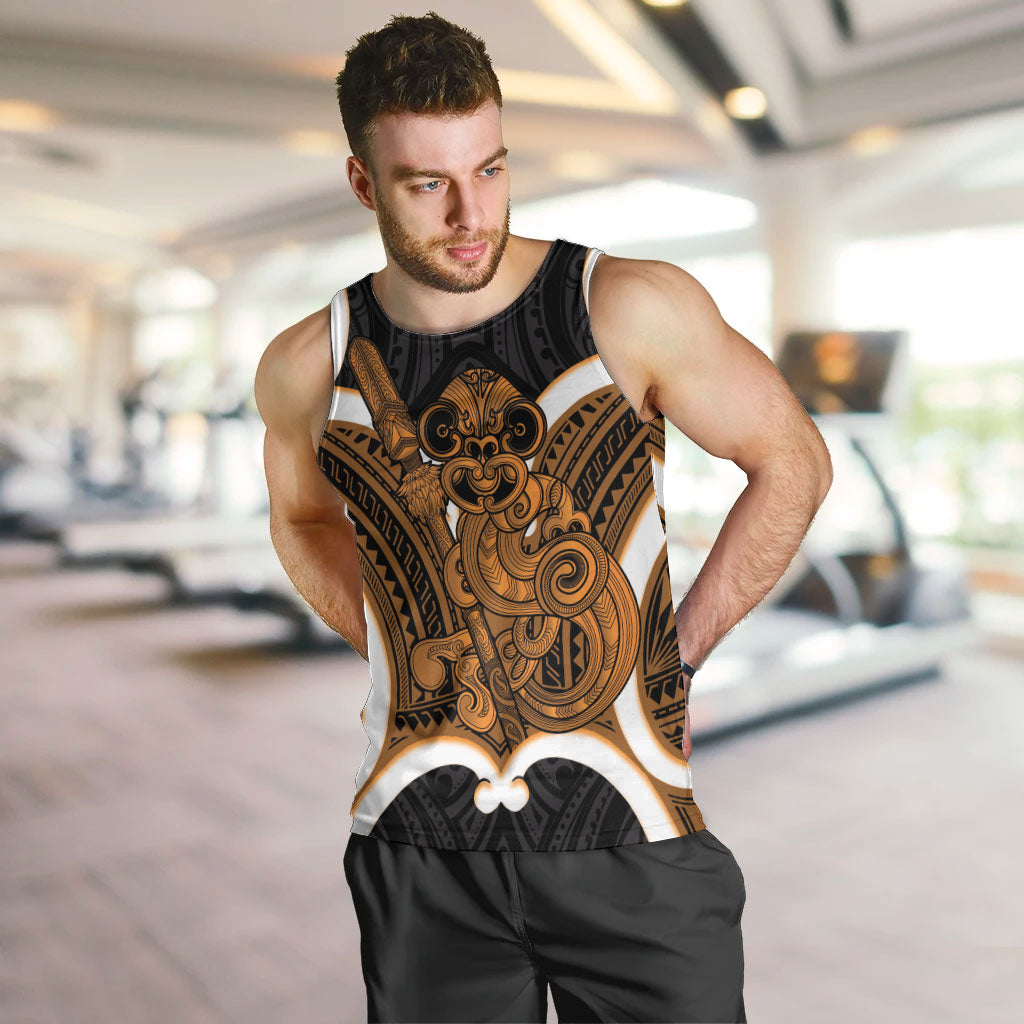 Karaka Aotearoa Atua Tumatauenga Personalised Men Tank Top Maori God Of War Tiki With Taiaha LT14 Orange - Polynesian Pride