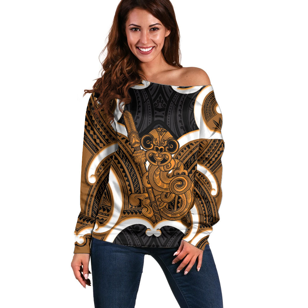 Karaka Aotearoa Atua Tumatauenga Personalised Off Shoulder Sweater Maori God Of War Tiki With Taiaha LT14 Women Orange - Polynesian Pride