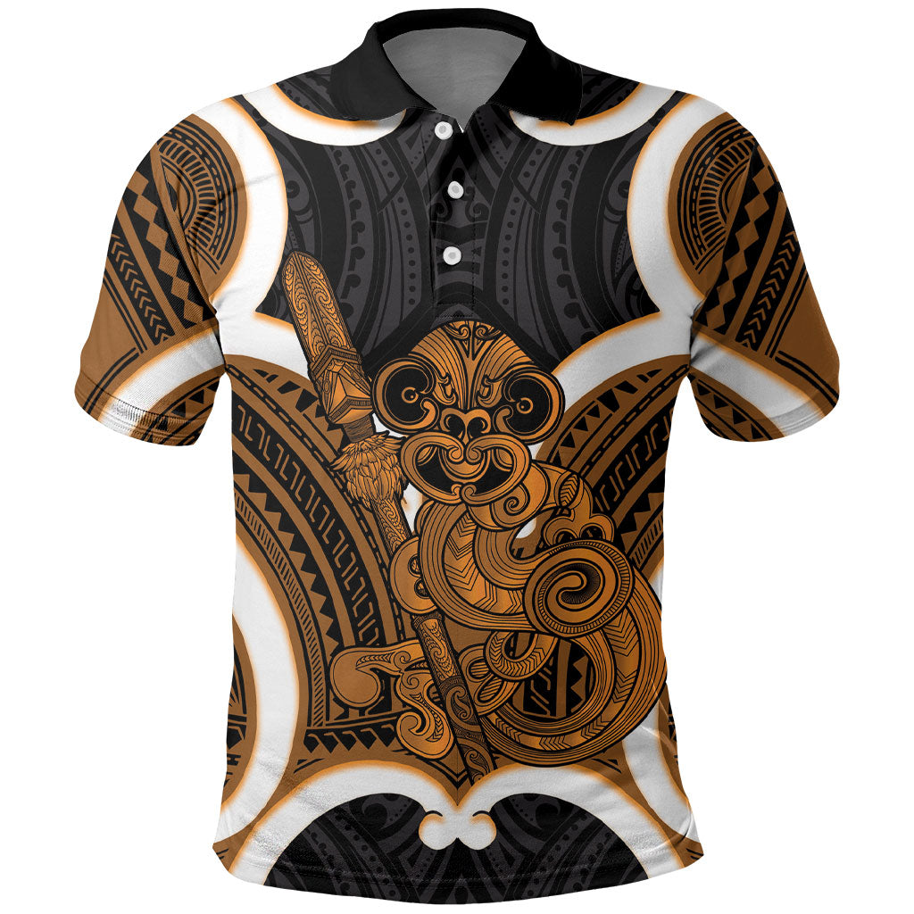 Karaka Aotearoa Atua Tumatauenga Personalised Polo Shirt Maori God Of War Tiki With Taiaha LT14 Orange - Polynesian Pride