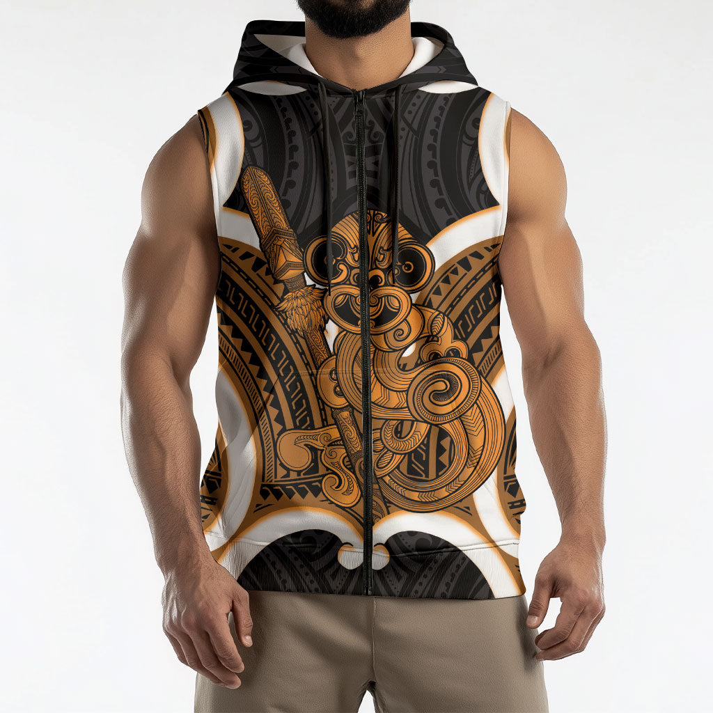 Karaka Aotearoa Atua Tumatauenga Personalised Sleeveless Zip Hoodie Maori God Of War Tiki With Taiaha LT14 - Polynesian Pride