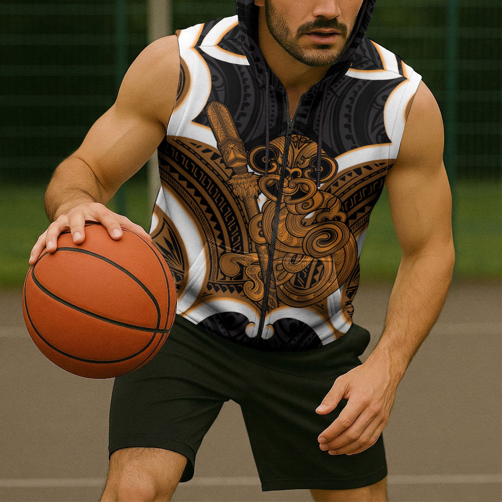 Karaka Aotearoa Atua Tumatauenga Personalised Sleeveless Zip Hoodie Maori God Of War Tiki With Taiaha LT14 - Polynesian Pride