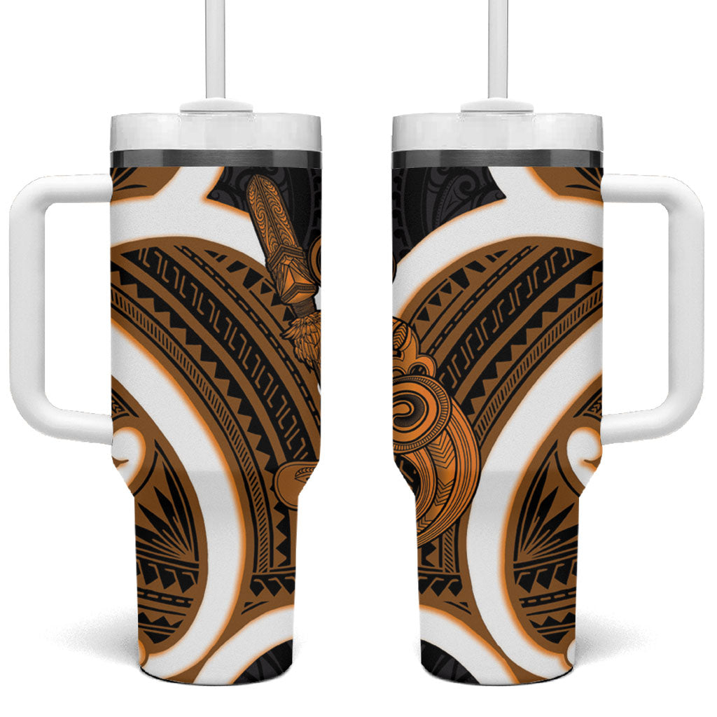 Karaka Aotearoa Atua Tumatauenga Tumbler With Handle Maori God Of War Tiki With Taiaha LT14 One Size: 40 oz Orange - Polynesian Pride