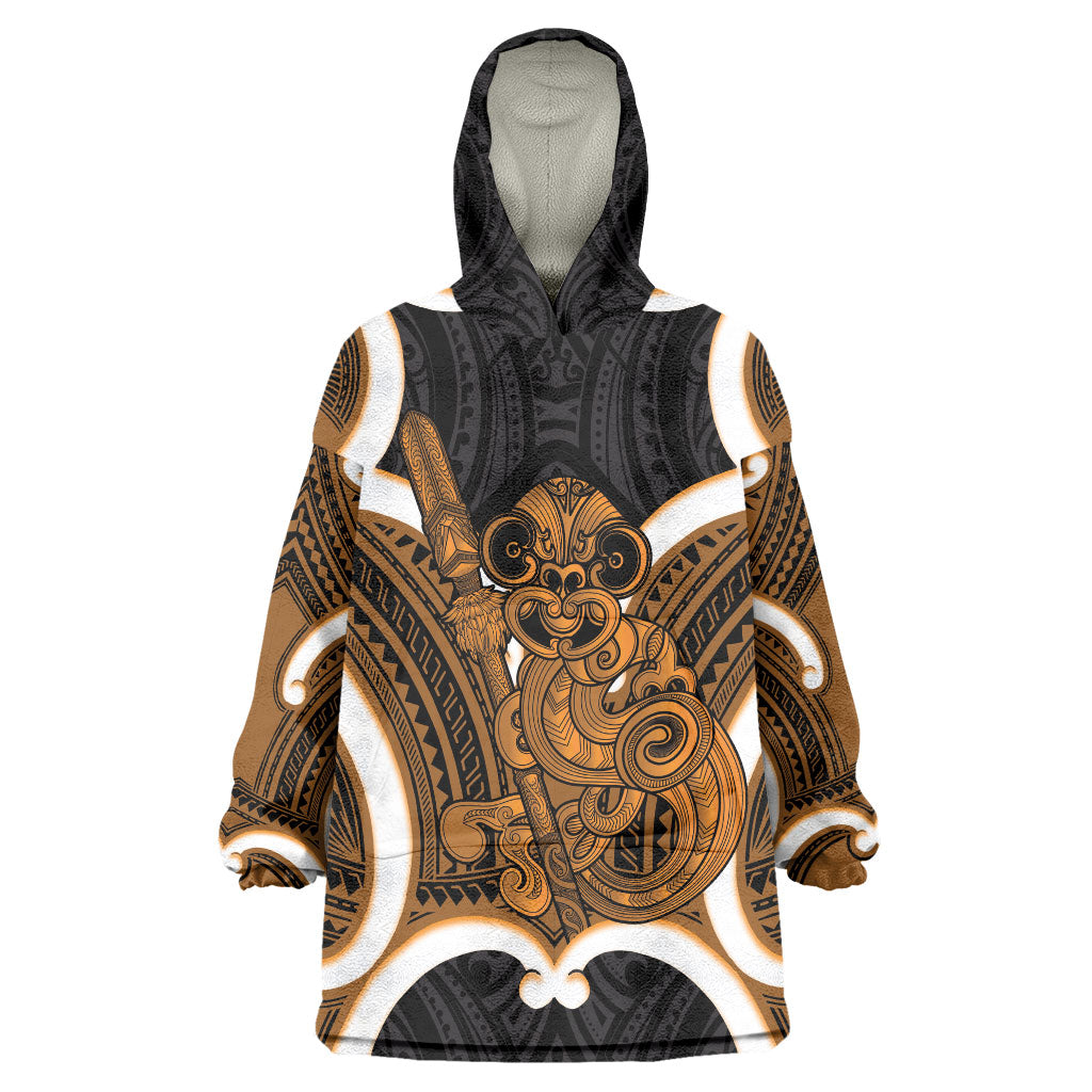 Karaka Aotearoa Atua Tumatauenga Personalised Wearable Blanket Hoodie Maori God Of War Tiki With Taiaha LT14 One Size Orange - Polynesian Pride