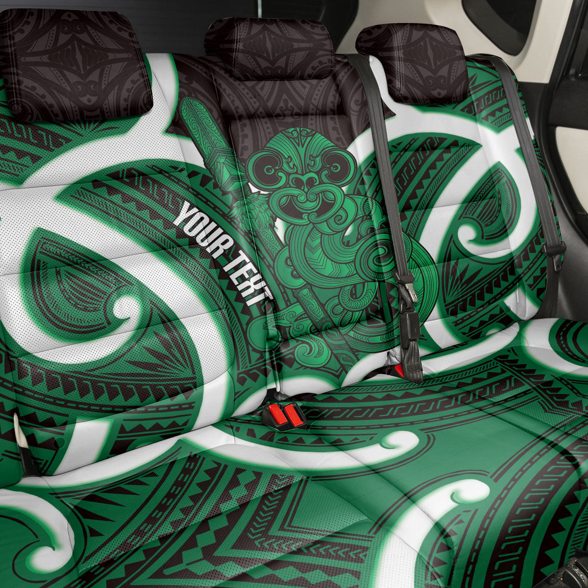 Kakariki Aotearoa Atua Tumatauenga Personalised Back Car Seat Cover Maori God Of War Tiki With Taiaha LT14 - Polynesian Pride