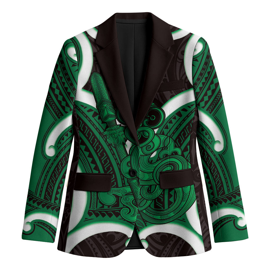 Kakariki Aotearoa Atua Tumatauenga Personalised Blazer Maori God Of War Tiki With Taiaha LT14 Unisex Green - Polynesian Pride
