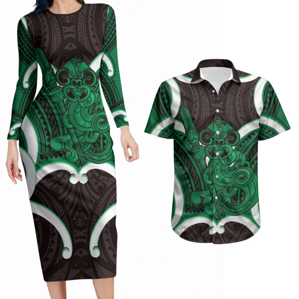 Kakariki Aotearoa Atua Tumatauenga Personalised Couples Matching Long Sleeve Bodycon Dress and Hawaiian Shirt Maori God Of War Tiki With Taiaha LT14 Green - Polynesian Pride