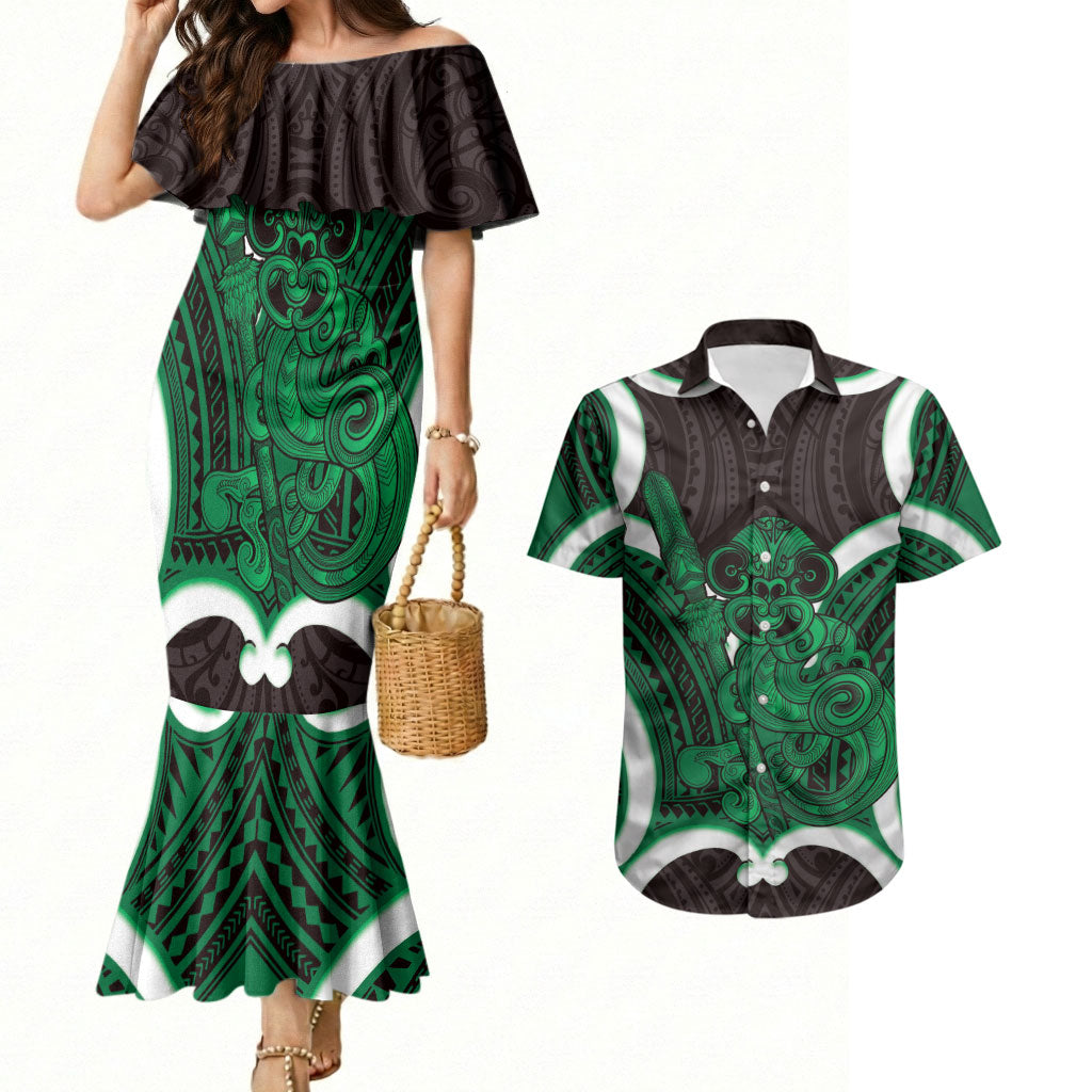 Kakariki Aotearoa Atua Tumatauenga Personalised Couples Matching Mermaid Dress and Hawaiian Shirt Maori God Of War Tiki With Taiaha LT14 Green - Polynesian Pride