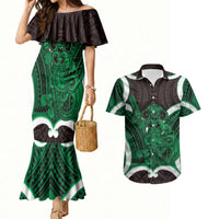 Kakariki Aotearoa Atua Tumatauenga Personalised Couples Matching Mermaid Dress and Hawaiian Shirt Maori God Of War Tiki With Taiaha LT14 Green - Polynesian Pride