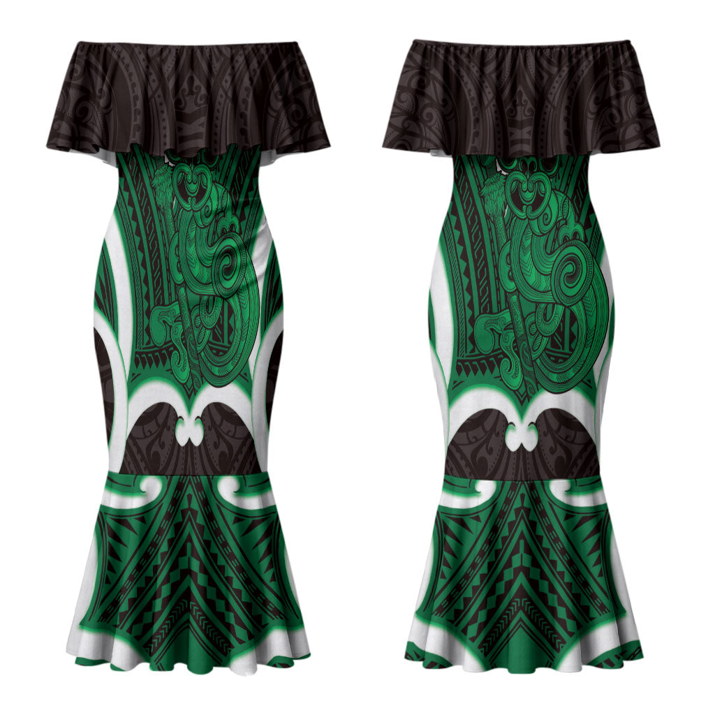Kakariki Aotearoa Atua Tumatauenga Personalised Couples Matching Mermaid Dress and Hawaiian Shirt Maori God Of War Tiki With Taiaha LT14 - Polynesian Pride