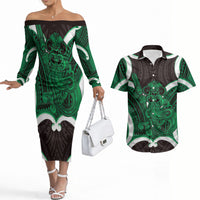 Kakariki Aotearoa Atua Tumatauenga Personalised Couples Matching Off The Shoulder Long Sleeve Dress and Hawaiian Shirt Maori God Of War Tiki With Taiaha LT14 Green - Polynesian Pride