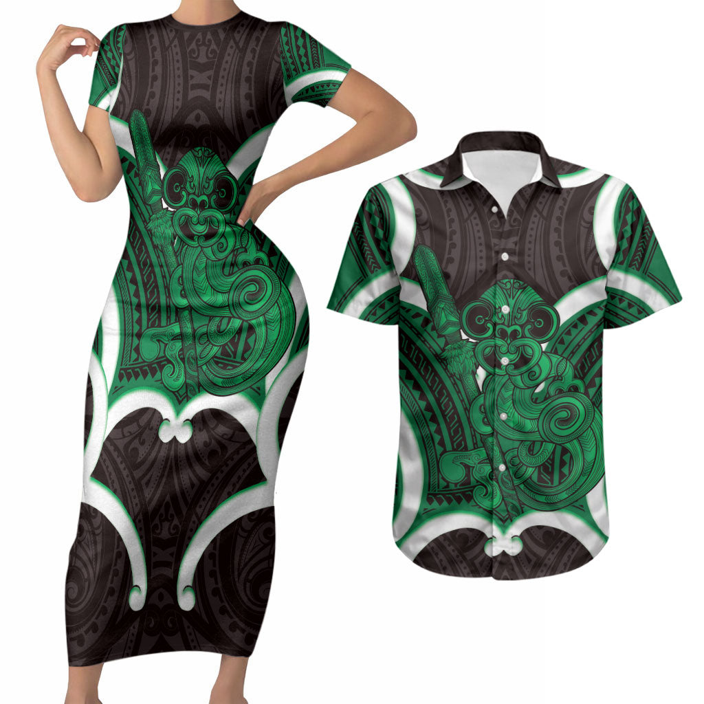 Kakariki Aotearoa Atua Tumatauenga Personalised Couples Matching Short Sleeve Bodycon Dress and Hawaiian Shirt Maori God Of War Tiki With Taiaha LT14 Green - Polynesian Pride