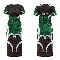 Kakariki Aotearoa Atua Tumatauenga Personalised Couples Matching Short Sleeve Bodycon Dress and Hawaiian Shirt Maori God Of War Tiki With Taiaha LT14 - Polynesian Pride