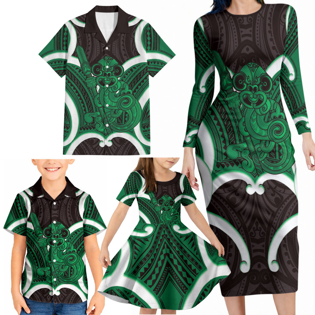 Kakariki Aotearoa Atua Tumatauenga Personalised Family Matching Long Sleeve Bodycon Dress and Hawaiian Shirt Maori God Of War Tiki With Taiaha LT14 - Polynesian Pride