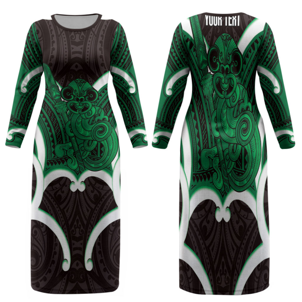 Kakariki Aotearoa Atua Tumatauenga Personalised Family Matching Long Sleeve Bodycon Dress and Hawaiian Shirt Maori God Of War Tiki With Taiaha LT14 Mom's Dress Green - Polynesian Pride