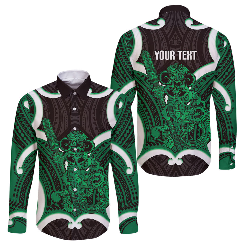 Kakariki Aotearoa Atua Tumatauenga Personalised Family Matching Long Sleeve Bodycon Dress and Hawaiian Shirt Maori God Of War Tiki With Taiaha LT14 Dad's Shirt - Long Sleeve Green - Polynesian Pride