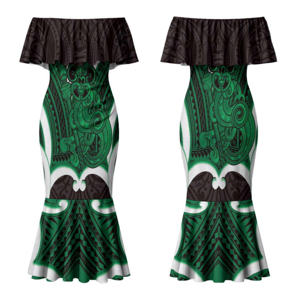 Kakariki Aotearoa Atua Tumatauenga Personalised Family Matching Mermaid Dress and Hawaiian Shirt Maori God Of War Tiki With Taiaha LT14 Mom's Dress Green - Polynesian Pride