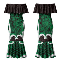 Kakariki Aotearoa Atua Tumatauenga Personalised Family Matching Mermaid Dress and Hawaiian Shirt Maori God Of War Tiki With Taiaha LT14 Mom's Dress Green - Polynesian Pride