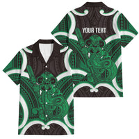 Kakariki Aotearoa Atua Tumatauenga Personalised Family Matching Off The Shoulder Long Sleeve Dress and Hawaiian Shirt Maori God Of War Tiki With Taiaha LT14 Dad's Shirt - Short Sleeve Green - Polynesian Pride