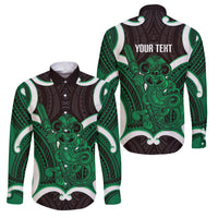 Kakariki Aotearoa Atua Tumatauenga Personalised Family Matching Off The Shoulder Long Sleeve Dress and Hawaiian Shirt Maori God Of War Tiki With Taiaha LT14 Dad's Shirt - Long Sleeve Green - Polynesian Pride