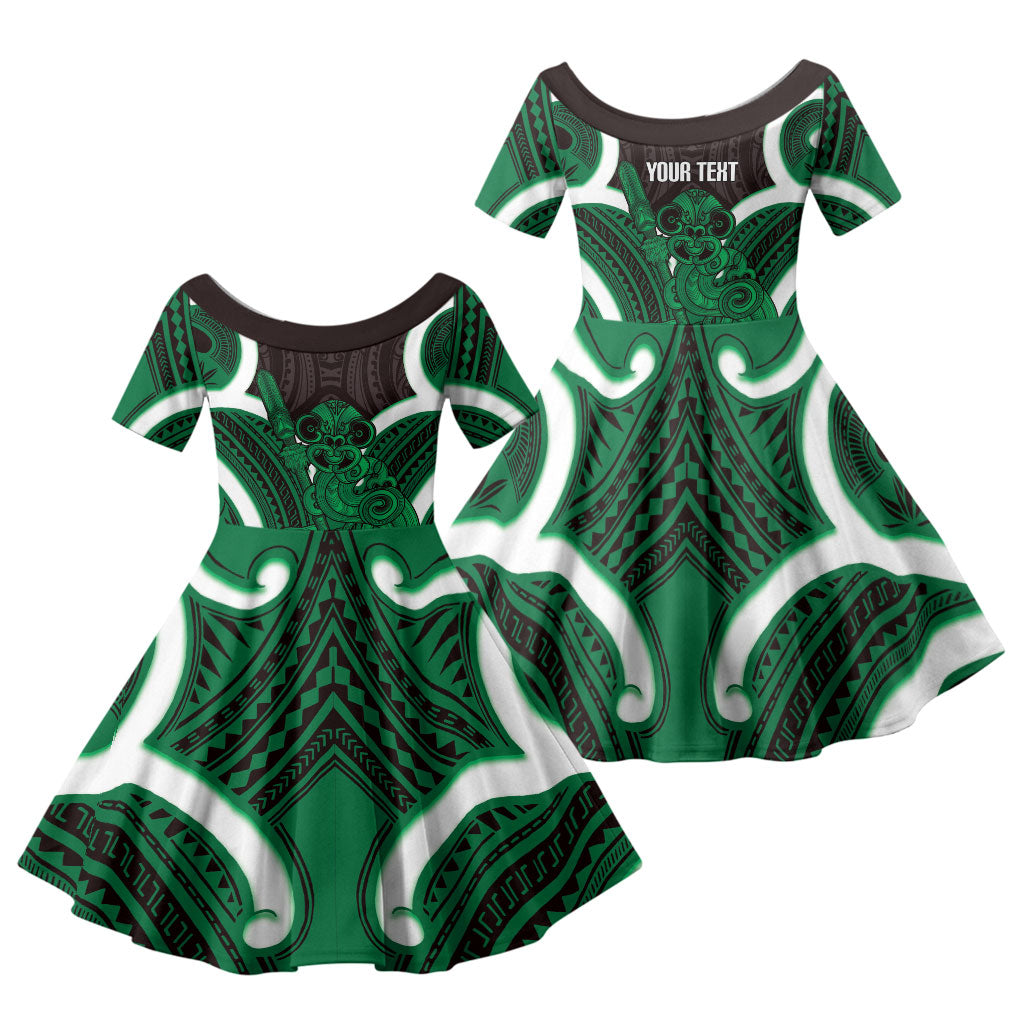 Kakariki Aotearoa Atua Tumatauenga Personalised Family Matching Off The Shoulder Long Sleeve Dress and Hawaiian Shirt Maori God Of War Tiki With Taiaha LT14 Daughter's Dress Green - Polynesian Pride