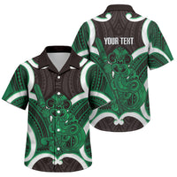 Kakariki Aotearoa Atua Tumatauenga Personalised Family Matching Off The Shoulder Long Sleeve Dress and Hawaiian Shirt Maori God Of War Tiki With Taiaha LT14 Son's Shirt Green - Polynesian Pride