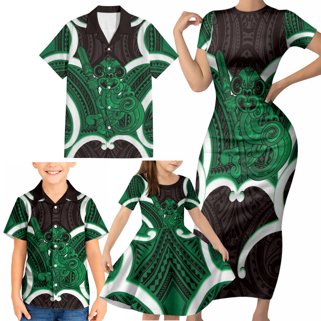 Kakariki Aotearoa Atua Tumatauenga Personalised Family Matching Short Sleeve Bodycon Dress and Hawaiian Shirt Maori God Of War Tiki With Taiaha LT14 - Polynesian Pride