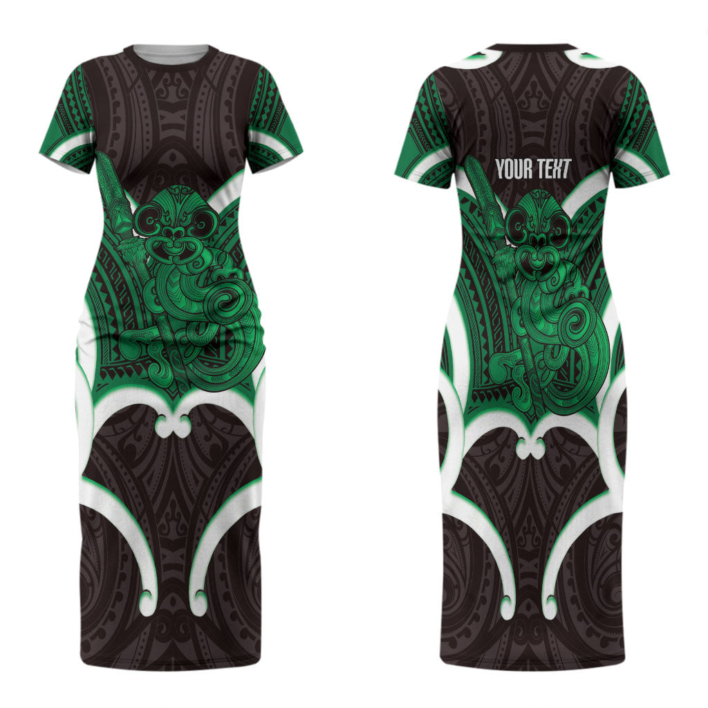 Kakariki Aotearoa Atua Tumatauenga Personalised Family Matching Short Sleeve Bodycon Dress and Hawaiian Shirt Maori God Of War Tiki With Taiaha LT14 Mom's Dress Green - Polynesian Pride
