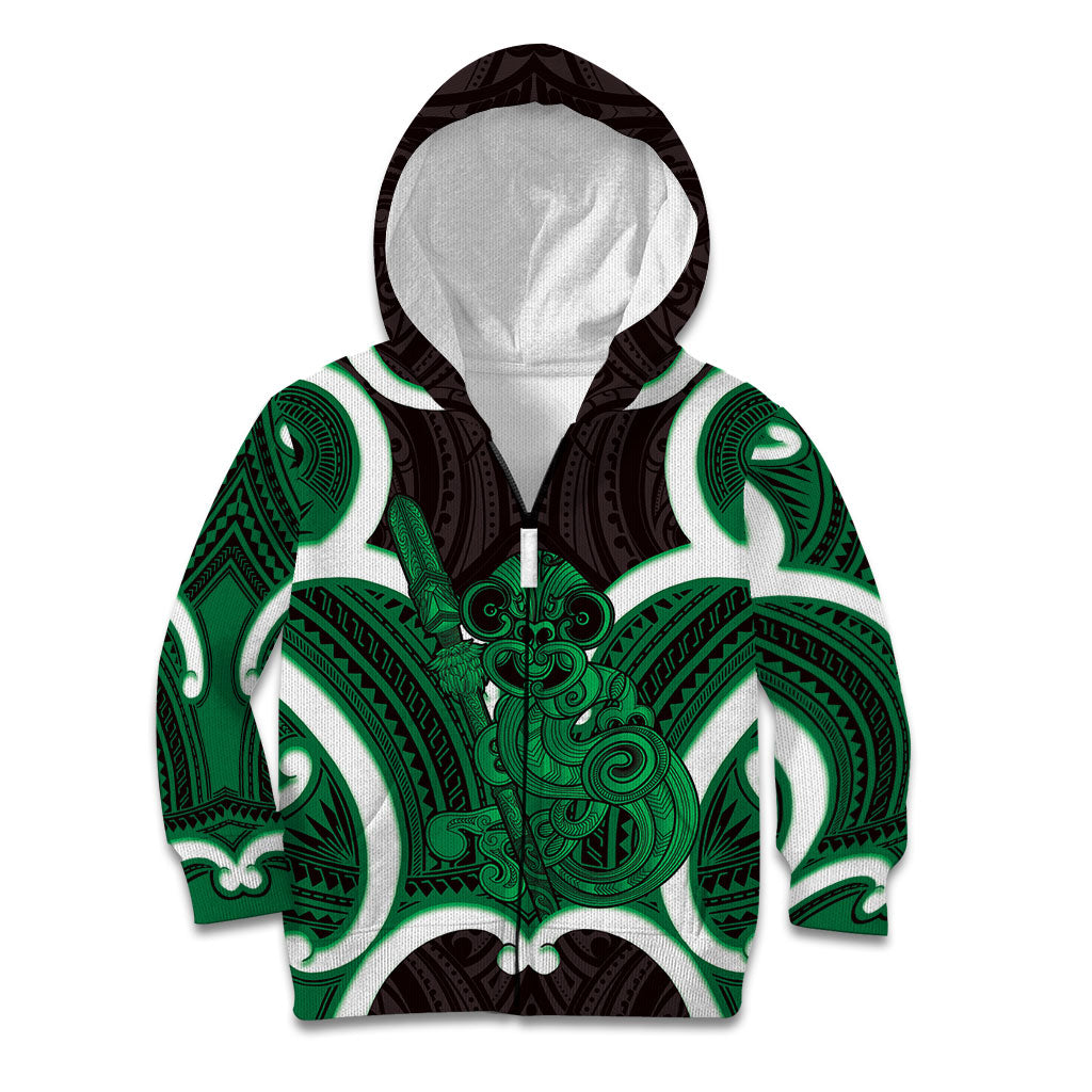 Kakariki Aotearoa Atua Tumatauenga Personalised Kid Hoodie Maori God Of War Tiki With Taiaha LT14 Zip Hoodie Green - Polynesian Pride