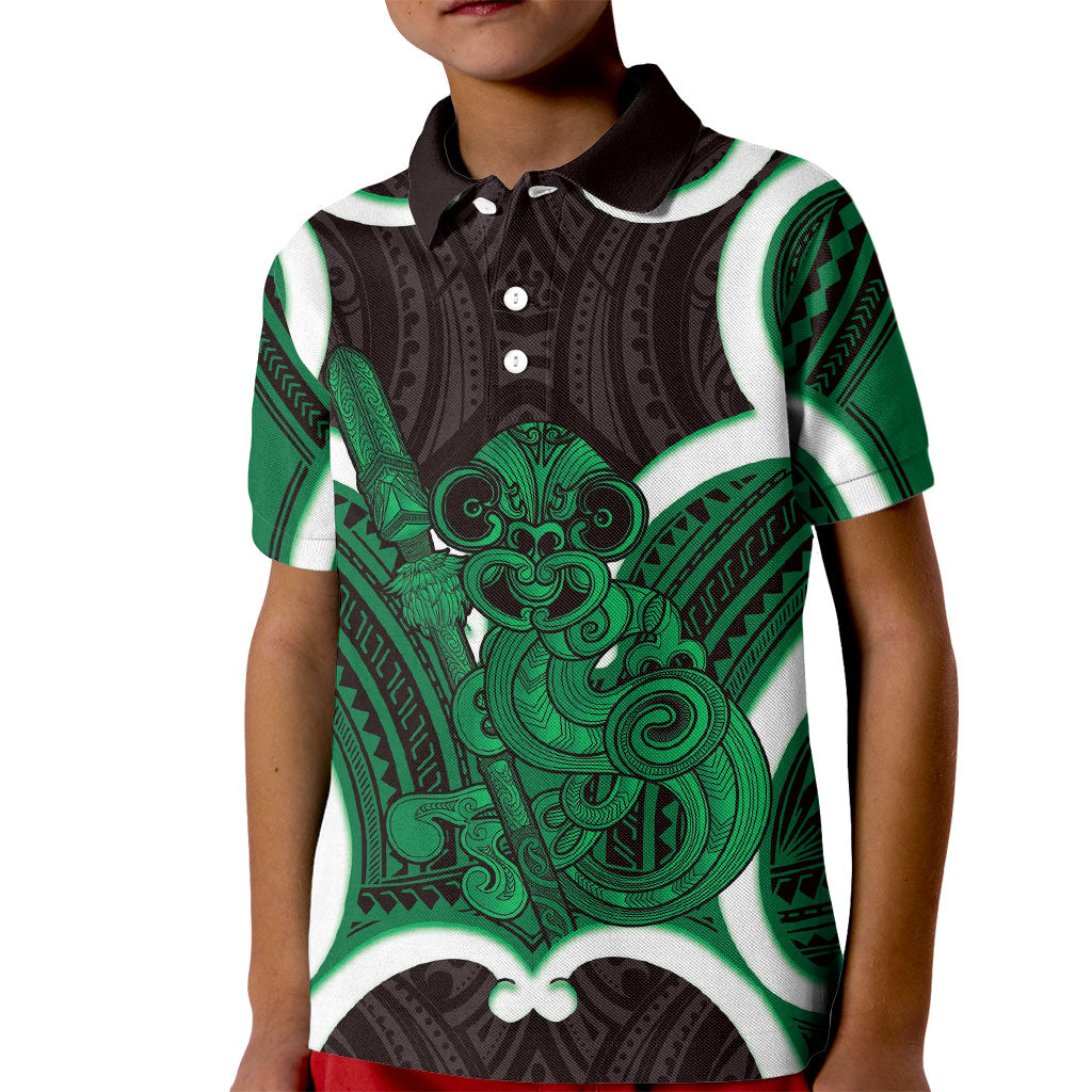 Kakariki Aotearoa Atua Tumatauenga Personalised Kid Polo Shirt Maori God Of War Tiki With Taiaha LT14 Kid Green - Polynesian Pride
