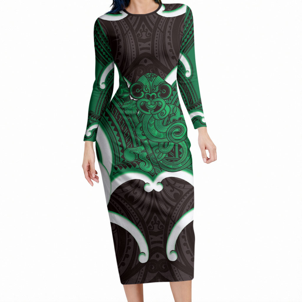 Kakariki Aotearoa Atua Tumatauenga Personalised Long Sleeve Bodycon Dress Maori God Of War Tiki With Taiaha LT14 Long Dress Green - Polynesian Pride