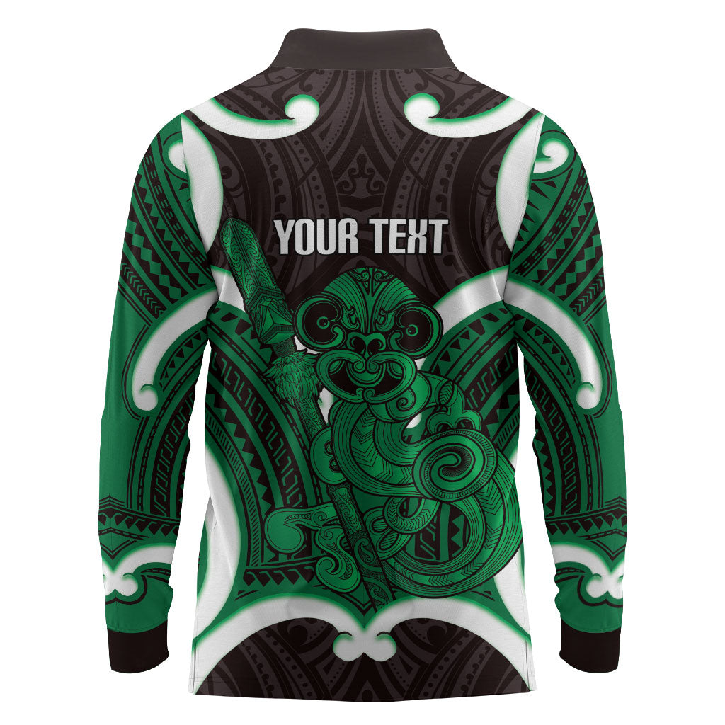 Kakariki Aotearoa Atua Tumatauenga Personalised Long Sleeve Polo Shirt Maori God Of War Tiki With Taiaha LT14 - Polynesian Pride