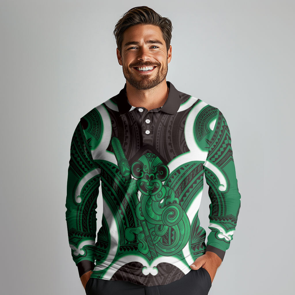 Kakariki Aotearoa Atua Tumatauenga Personalised Long Sleeve Polo Shirt Maori God Of War Tiki With Taiaha LT14 - Polynesian Pride