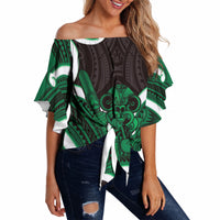 Kakariki Aotearoa Atua Tumatauenga Personalised Off Shoulder Wrap Waist Top Maori God Of War Tiki With Taiaha LT14 Green - Polynesian Pride