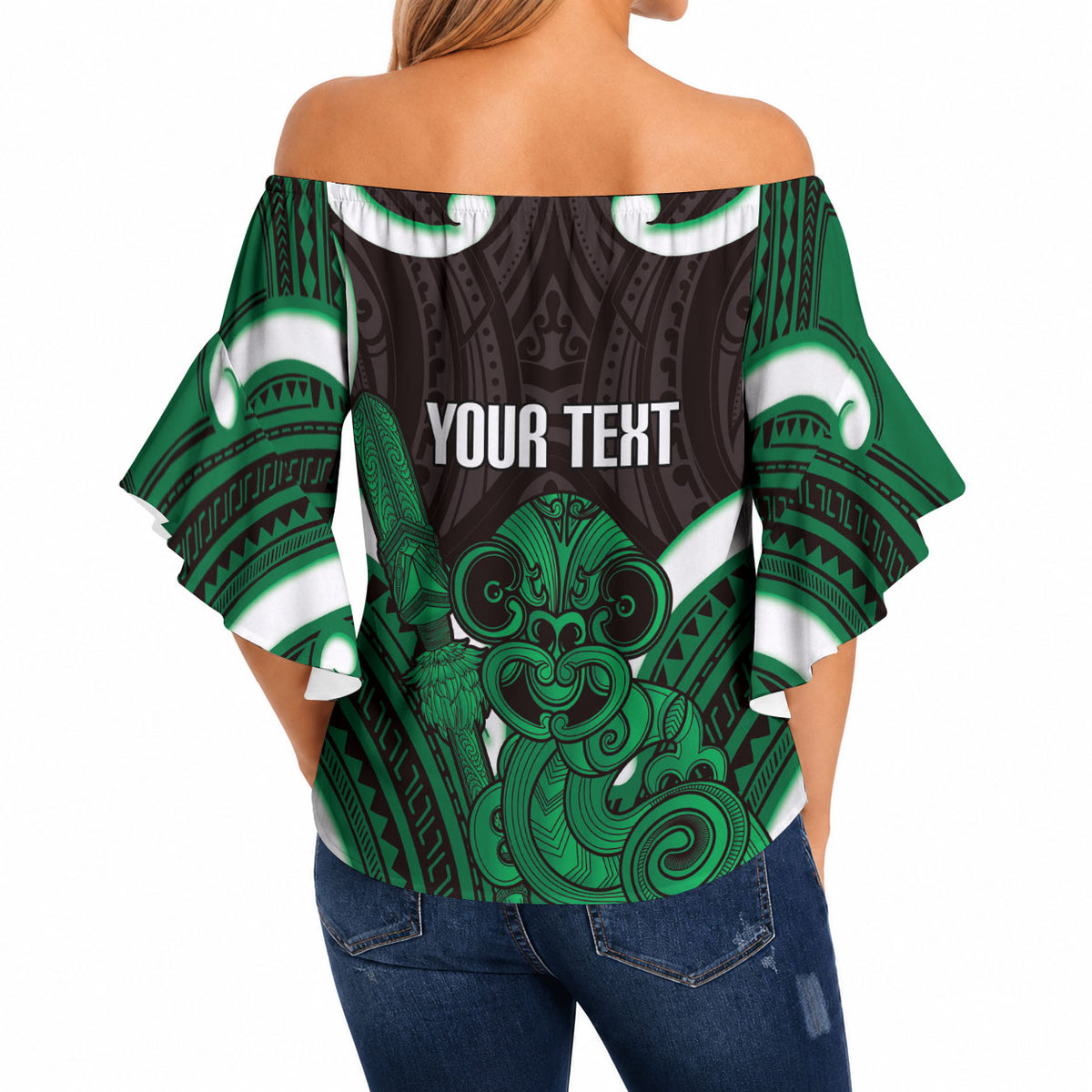 Kakariki Aotearoa Atua Tumatauenga Personalised Off Shoulder Wrap Waist Top Maori God Of War Tiki With Taiaha LT14 - Polynesian Pride