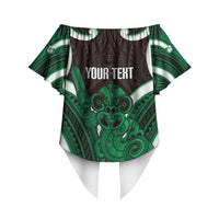 Kakariki Aotearoa Atua Tumatauenga Personalised Off Shoulder Wrap Waist Top Maori God Of War Tiki With Taiaha LT14 - Polynesian Pride
